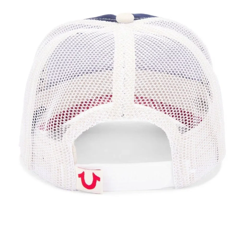 NWT True Religion Trucker Hat Mens OS‎ Navy Red White Frayed Buddha
